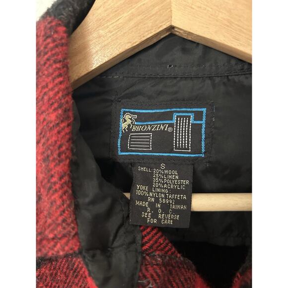 Vintage Mens S Bronzini Red Buffalo Check Button Shirt Jacket Wool Blend Shacket - Picture 3 of 7